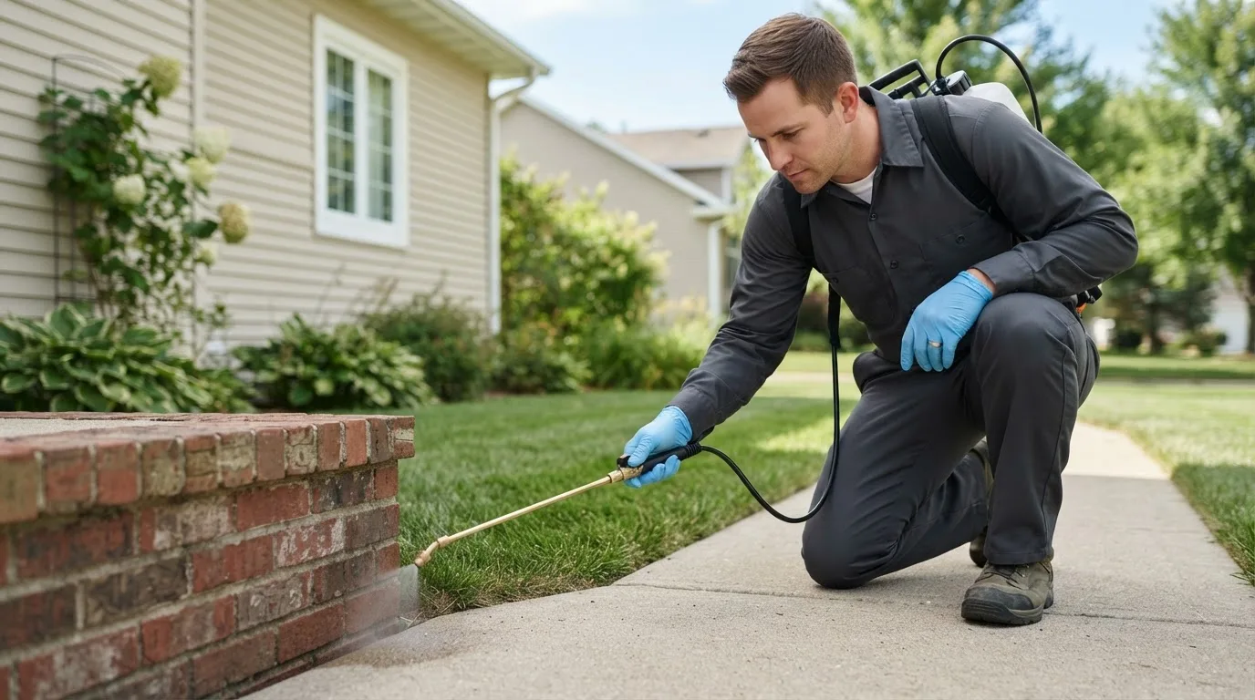 Pest control technician treating a home near Marshalltown, IA