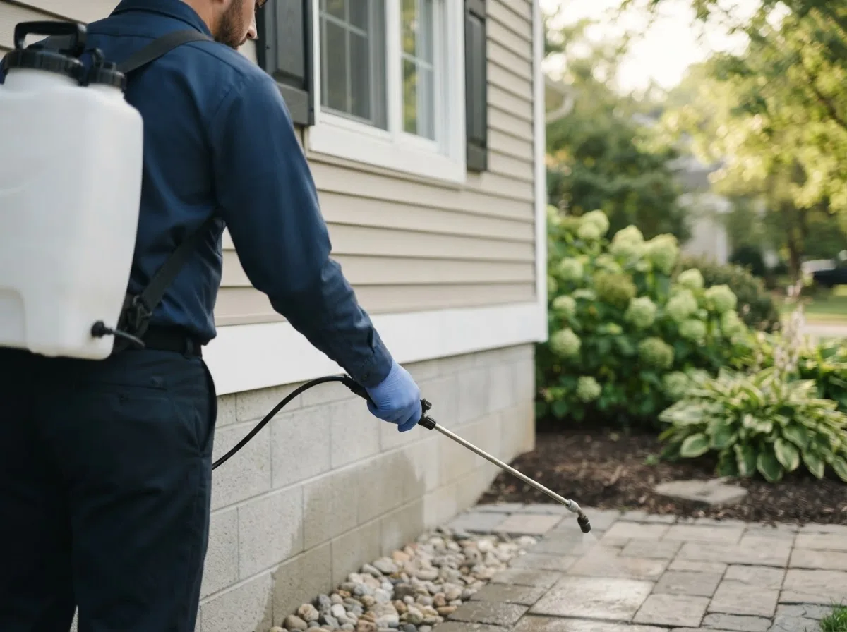 Pest control technician inspecting a home in Marshalltown, IA